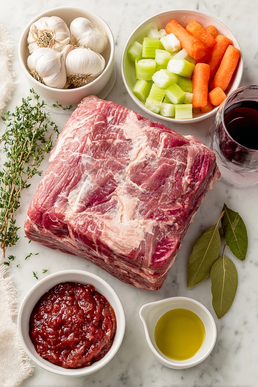 Flat lay of a large whole raw beef brisket with rich marbling, several medium yellow onions sliced into rings, medium whole carrots cut into large dice, celery ribs diced into large chunks, six whole unpeeled garlic cloves, a small white ceramic bowl of deep red dry red wine, a small white bowl filled with crushed whole peeled tomatoes with juices, a small white bowl of smooth red ketchup, fresh green sprigs of thyme, two fresh bay leaves, and a small white bowl of golden vegetable oil, all arranged symmetrically on a clean white marble surface, soft natural light, photo taken with an iPhone, professional food photography style, fresh ingredients, white ceramic bowls, no bottles, no duplicates, no utensils, no packaging --ar 2:3 --v 7 --p m7354615311229779997 - Jewish-Style Braised Brisket with Onions and Carrots, braised brisket recipes, Jewish brisket dish, slow-cooked beef brisket, comforting holiday brisket