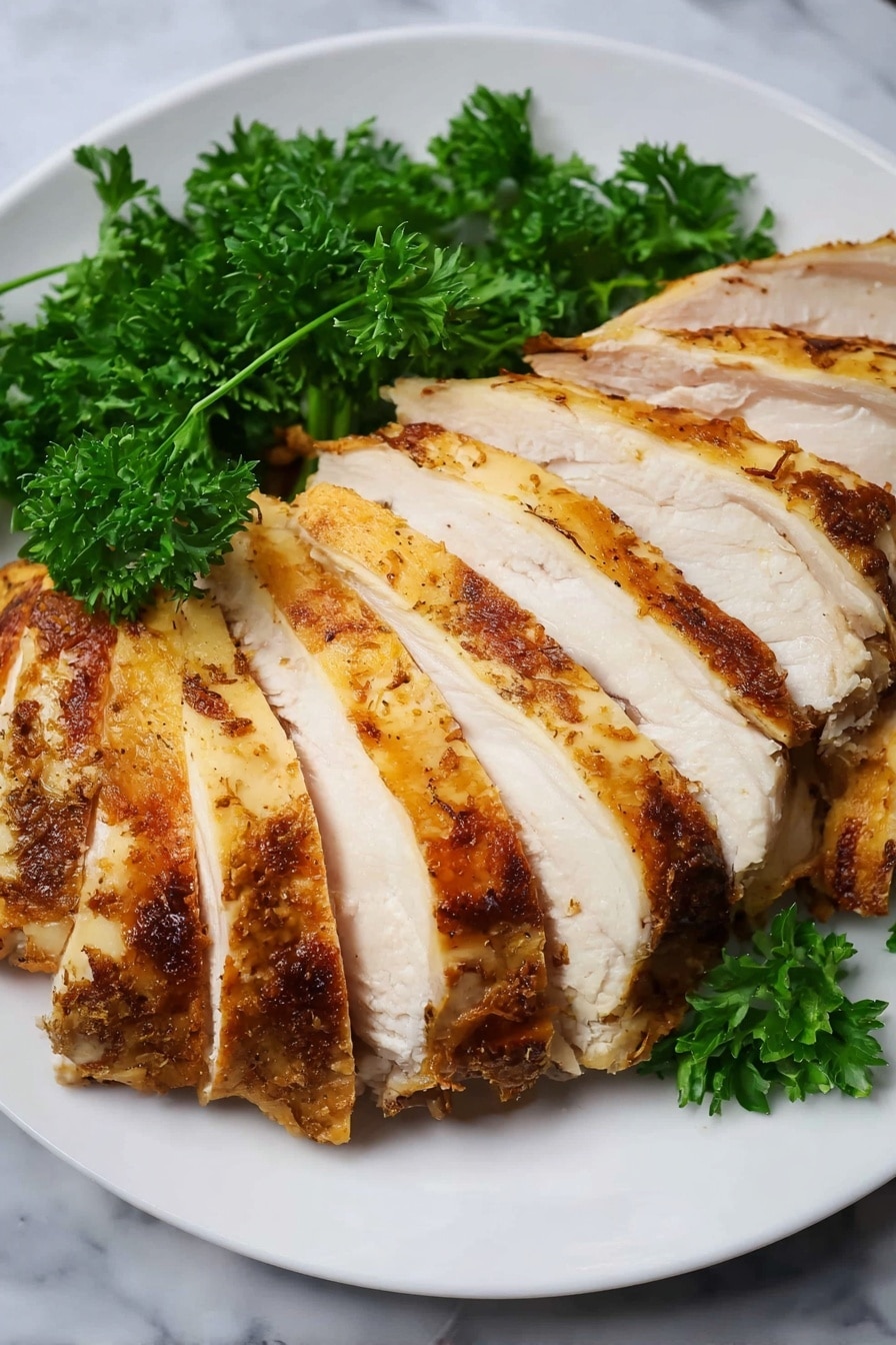 The image shows a white plate with thin slices of cooked chicken arranged in a fan shape, each slice having a crispy golden-brown skin on top and white tender meat below. At the back of the plate, there is a bunch of fresh green parsley placed as garnish, adding a bright color contrast. The plate sits on a white marbled surface. Photo taken with an iphone --ar 2:3 --v 7 - Dutch Oven Turkey Breast Roast, turkey breast roast recipe, easy turkey dinner, Juicy turkey breast, oven roasted turkey