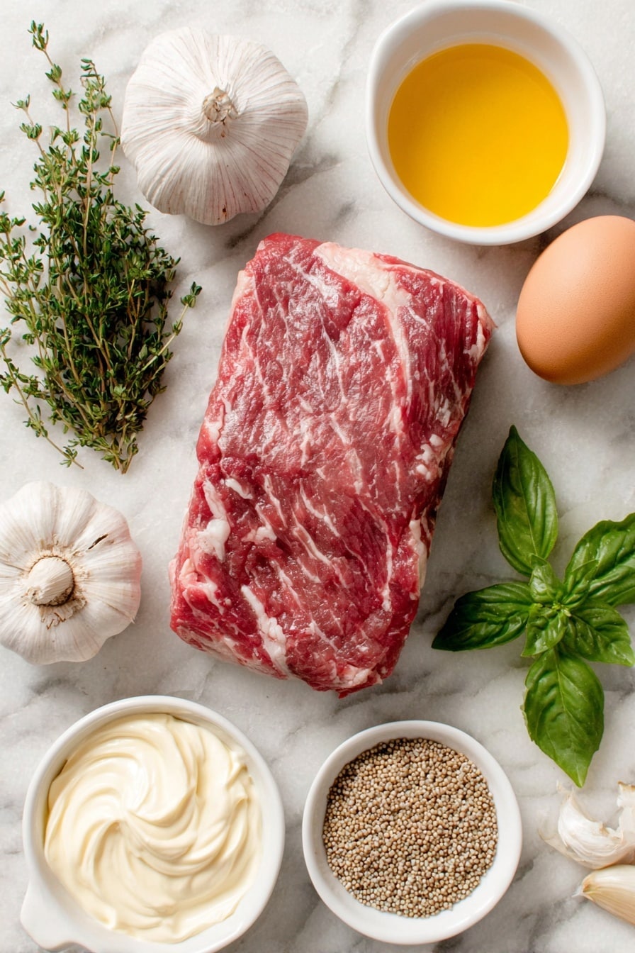 Flat lay of a large raw beef tenderloin roast with natural marbling, a halved head of garlic showing creamy cloves, a small bunch of fresh thyme sprigs, a small pile of fresh flat-leaf parsley leaves, fresh basil leaves arranged neatly, a single uncracked brown egg, a small white ceramic bowl with a smooth dollop of creamy mayonnaise, another small white bowl containing prepared horseradish cream, a small white bowl holding whole grain mustard seeds soaked in mustard sauce, a small white bowl with melted unsalted butter, and a small white bowl of light golden grape seed oil, all placed symmetrically on a clean white marble surface, soft natural light, photo taken with an iPhone, professional food photography style, fresh ingredients, white ceramic bowls, no bottles, no duplicates, no utensils, no packaging --ar 2:3 --v 7 --p m7354615311229779997 - Herb-Crusted Beef Tenderloin with Horseradish Sauce, beef tenderloin recipe, herb-crusted beef, horseradish sauce, elegant beef main dish