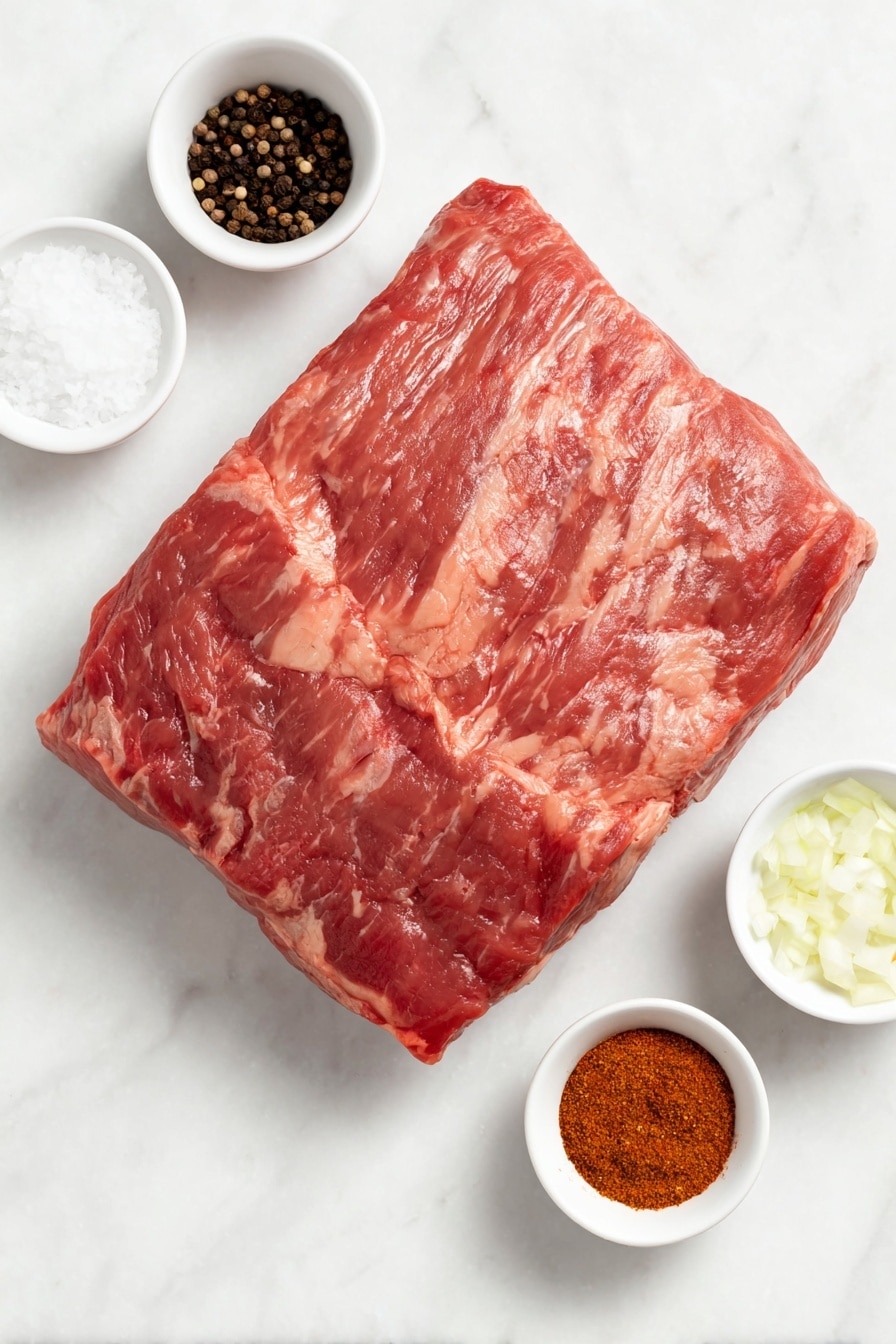 Flat lay of a large whole raw packer brisket with visible marbling and fat cap, a small white ceramic bowl of coarse salt crystals, a small white ceramic bowl of coarse black peppercorns, a small white ceramic bowl of granulated garlic powder, a small white ceramic bowl of granulated onion powder, a small white ceramic bowl of chipotle chili powder with a deep reddish hue, a small white ceramic bowl of ground coriander seeds with a warm brown tone, all arranged symmetrically and balanced, placed on a clean white marble surface, soft natural light, photo taken with an iPhone, professional food photography style, fresh ingredients, white ceramic bowls, no bottles, no duplicates, no utensils, no packaging --ar 2:3 --v 7 --p m7354615311229779997 - Texas Smoked Brisket, smoked brisket recipe, how to smoke brisket, Texas BBQ brisket, tender smoked brisket