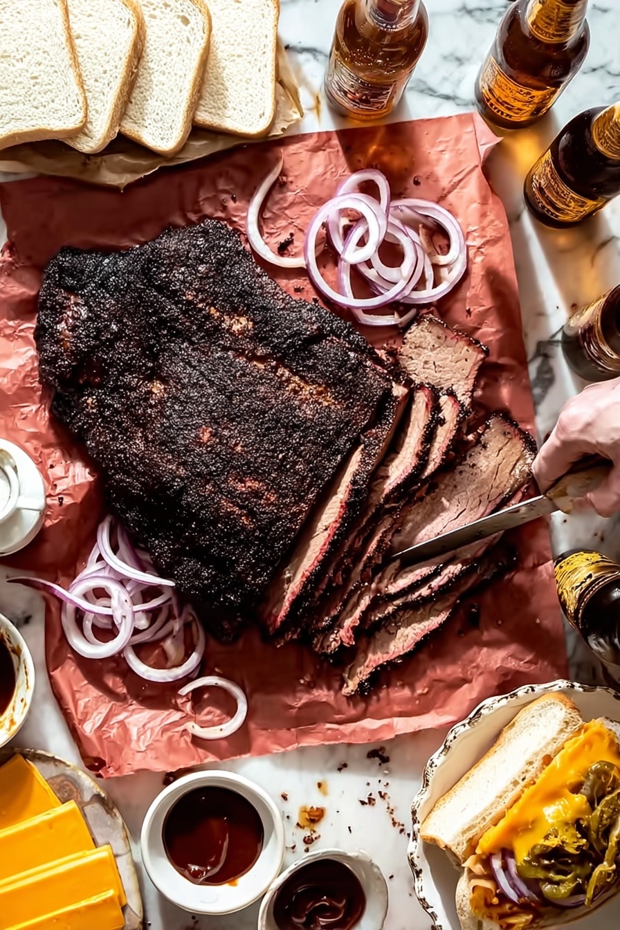 A large piece of smoked meat with a dark, crispy crust is placed on reddish-brown paper over a white marbled surface, showing several thick slices with pinkish interior layers. Thin rings of pale purple onions are scattered on top and to the side. A woman's hand with a knife and fork is slicing the meat. Around the meat are white bread slices stacked on the left and a plate of bright orange cheese slices at the bottom left. Two white bowls with more thin onion rings sit on the right. There is a small bowl of dark red barbecue sauce near the meat, with some sauce spilled on the paper and a white plate holding a sandwich with melted cheese, meat slices, and barbecue sauce to the right. Two bottles of light brown beer are also visible at the top. Photo taken with an iphone --ar 2:3 --v 7 - Texas Smoked Brisket, smoked brisket recipe, how to smoke brisket, Texas BBQ brisket, tender smoked brisket