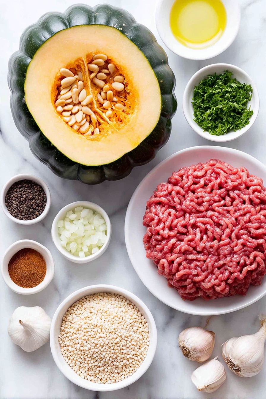 Flat lay of a halved acorn squash with bright orange flesh and deep green ridged skin, a small white bowl of golden raisins, a small white bowl of whole toasted pine nuts, a small white bowl of chopped fresh parsley, a small white bowl of finely chopped onion, four whole uncracked brown garlic cloves, a small white bowl of raw ground beef with visible red and fat marbling, a small white bowl of uncooked bulgur wheat grains, a small white bowl of extra-virgin olive oil with a golden hue, and a collection of whole warm-toned ground spices including cumin seeds, cinnamon sticks, nutmeg nut, paprika powder, black peppercorns, and coarse salt crystals scattered evenly on the white marble surface, placed on a clean white marble surface, soft natural light, photo taken with an iPhone, professional food photography style, fresh ingredients, white ceramic bowls, no bottles, no duplicates, no utensils, no packaging --ar 2:3 --v 7 --p m7354615311229779997 - Moroccan Stuffed Acorn Squash, stuffed acorn squash recipe, Moroccan squash dish, hearty fall dinner, spicy stuffed squash