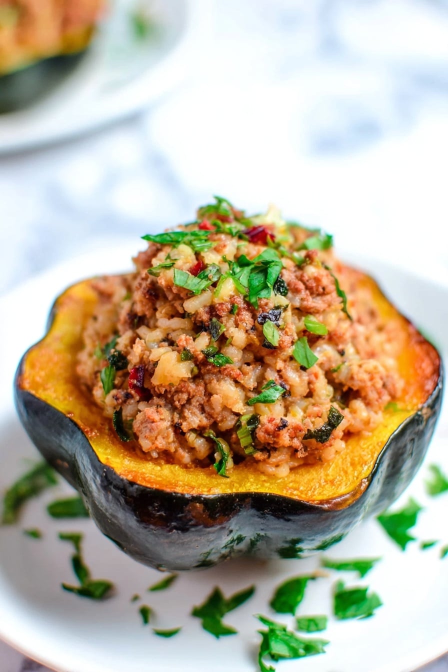The dish is a stuffed acorn squash cut in half with a dark green and orange shell. The inside is filled with a textured mixture of cooked rice, ground meat, and small bits of vegetables, topped with chopped green herbs. The stuffing is heaped slightly above the squash edge, showing a mix of light brown and golden colors with specks of white and red. It is placed on a white plate with some green herb bits scattered around, all set on a white marbled surface. photo taken with an iphone --ar 2:3 --v 7 - Moroccan Stuffed Acorn Squash, stuffed acorn squash recipe, Moroccan squash dish, hearty fall dinner, spicy stuffed squash