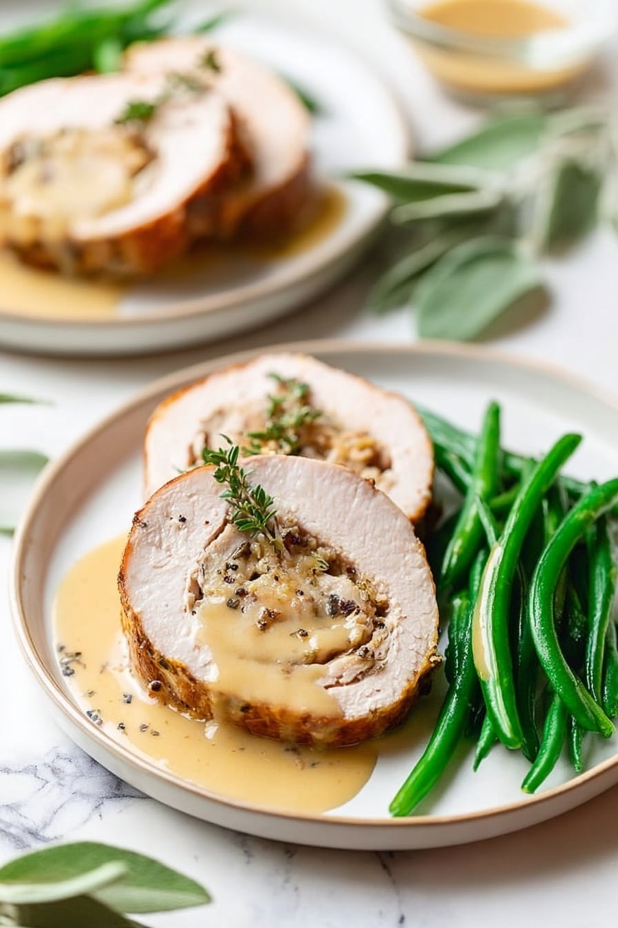 A white plate sits on a white marbled surface holding a meal with two pieces of cooked meat covered with light tan sauce, speckled with black pepper. To the right of the meat is a neat pile of bright green cooked green beans. A silver fork and knife rest crossed on the right side of the plate. In the upper right corner, there is a clear glass bowl filled with pale, smooth sauce. A couple of fresh green sage leaves are visible on the marbled surface near the plate. photo taken with an iphone --ar 2:3 --v 7 - Turkey Roulade with Cranberry Stuffing, festive turkey roulade, holiday centerpieces, cranberry stuffed turkey, elegant holiday mains