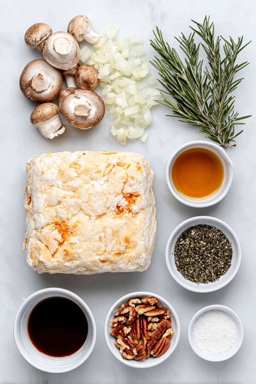 Flat lay of two sheets of cold vegan puff pastry, a variety of fresh mushrooms including cremini, king oyster, shiitake, and portobello, one large diced onion, several fat garlic cloves roughly chopped, a small pile of chopped fresh rosemary, a few sprigs of rosemary, a small white ceramic bowl of olive oil, a small white ceramic bowl with deep amber sherry wine, a small white ceramic bowl with dark balsamic vinegar, a small white ceramic bowl filled with chopped toasted pecans, a small pile of coarse kosher salt, and a small pile of cracked black pepper, placed on a clean white marble surface, soft natural light, photo taken with an iPhone, professional food photography style, fresh ingredients, white ceramic bowls, no bottles, no duplicates, no utensils, no packaging --ar 2:3 --v 7 --p m7354615311229779997 - Vegan Mushroom Wellington, plant-based mushroom Wellington, vegan holiday dinner, mushroom and pecan Wellington, plant-based festive main dish