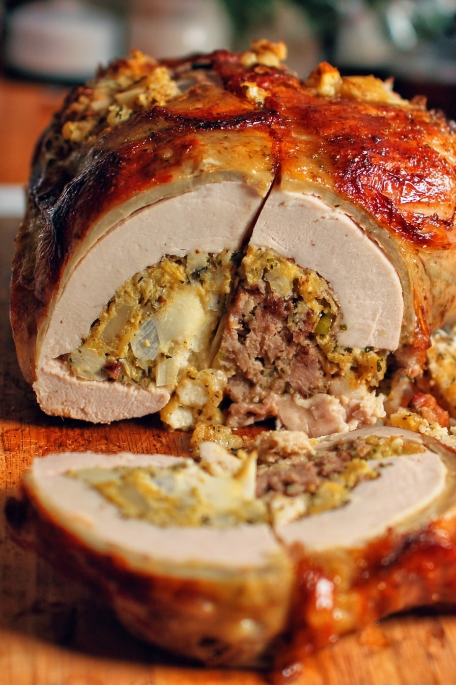 A large roasted turkey is placed on a wooden cutting board on a white marbled countertop. The turkey has a crispy, golden-brown skin with a slight shine. One side of the turkey has been sliced off, revealing the inside with several layers: the top layer is a cut of white turkey meat, below it a stuffing mixture with bits of herbs and bread, and some darker meat underneath. A person's hands are visible, one holding the turkey steady and the other with a knife making the cut. In the background, there is a clear glass mixing bowl, an olive oil bottle, and some kitchen utensils. The whole scene is well lit, showing warm tones of the food clearly. photo taken with an iphone --ar 2:3 --v 7 - How to Make a Delicious Turducken, turducken recipe, holiday showstopper main dish, layered poultry dish, homemade stuffing ideas