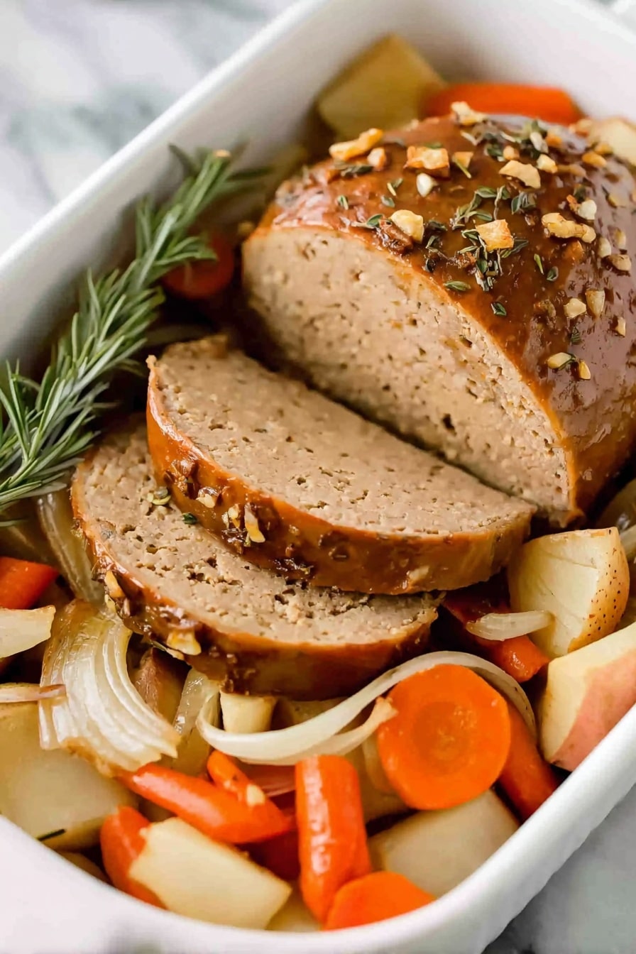A white baking dish holds one round loaf of golden brown meatloaf, partially sliced into three thick, even pieces showing a smooth, dense inside. The top of the meatloaf is sprinkled with small bits of herbs and tiny onion pieces. Around the meatloaf, there is a mix of cooked vegetables, including orange carrot chunks, pale potato pieces, and translucent onion strips, all resting directly on the vegetables is a sprig of green rosemary. The whole scene is set on a white marbled surface. photo taken with an iphone --ar 2:3 --v 7 - Vegan Tofurky Roast with Roasted Vegetables, plant-based holiday roast, vegan holiday main dish, vegan roast for Christmas, easy vegan holiday recipe