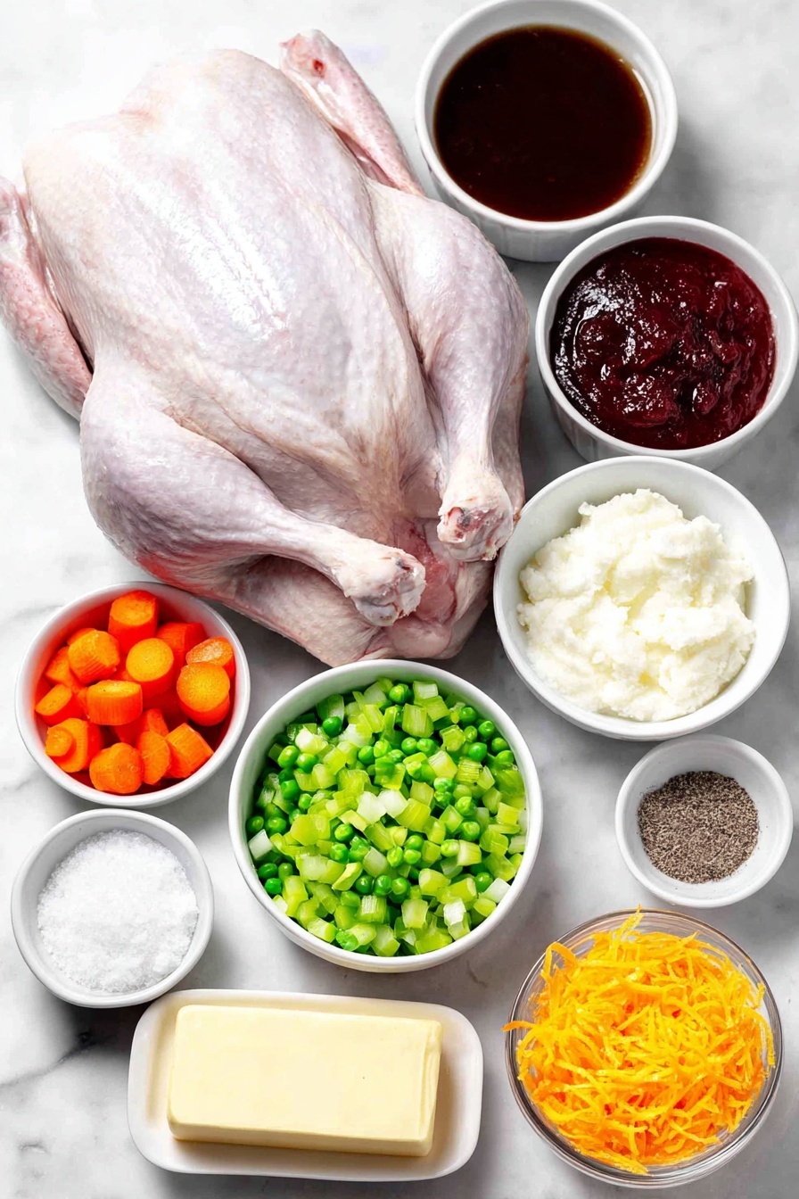 Flat lay of a whole raw duck with glossy skin, a small mound of coarse kosher salt crystals, a single fresh medium carrot diced into small cubes, a medium yellow onion diced, a large celery rib diced into pieces, a small white ceramic bowl filled with rich brown beef or chicken stock, a small white bowl containing thick deep red tomato paste, a small white bowl of granulated white sugar, a small white bowl holding deep red wine vinegar, fine julienne strips of bright orange navel orange zest neatly arranged, a small white bowl with fresh vibrant navel orange juice, a small white bowl with pale yellow fresh lemon juice, a small white bowl of cold unsalted butter, and a few twists of freshly ground black pepper, all ingredients carefully spaced symmetrically on a clean white marble surface, soft natural light, photo taken with an iPhone, professional food photography style, fresh ingredients, white ceramic bowls, no bottles, no duplicates, no utensils, no packaging --ar 2:3 --v 7 --p m7354615311229779997 - Duck à l'Orange with Rich Sauce, classic French duck recipe, orange sauce duck, elegant dinner ideas, homemade duck à l'orange