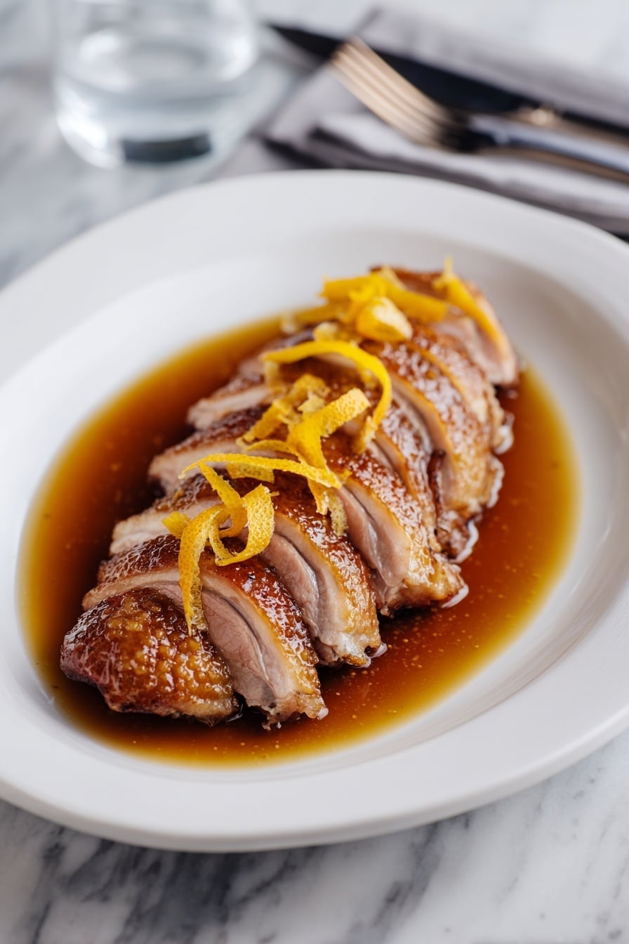 The image shows a white plate with a carved cooked duck leg placed in the center. The duck leg is sliced into six pieces arranged in a row with the single whole part of the leg at the back. The crispy, golden-brown skin of the duck contrasts with the tender, pale meat inside. Thin strips of orange peel are scattered on top of the meat and plate. A shiny brown sauce pools around the duck, covering almost the whole plate. The setting is on a white marbled surface with silver cutlery visible on the right side of the plate. Photo taken with an iphone --ar 2:3 --v 7 - Duck à l'Orange with Rich Sauce, classic French duck recipe, orange sauce duck, elegant dinner ideas, homemade duck à l'orange