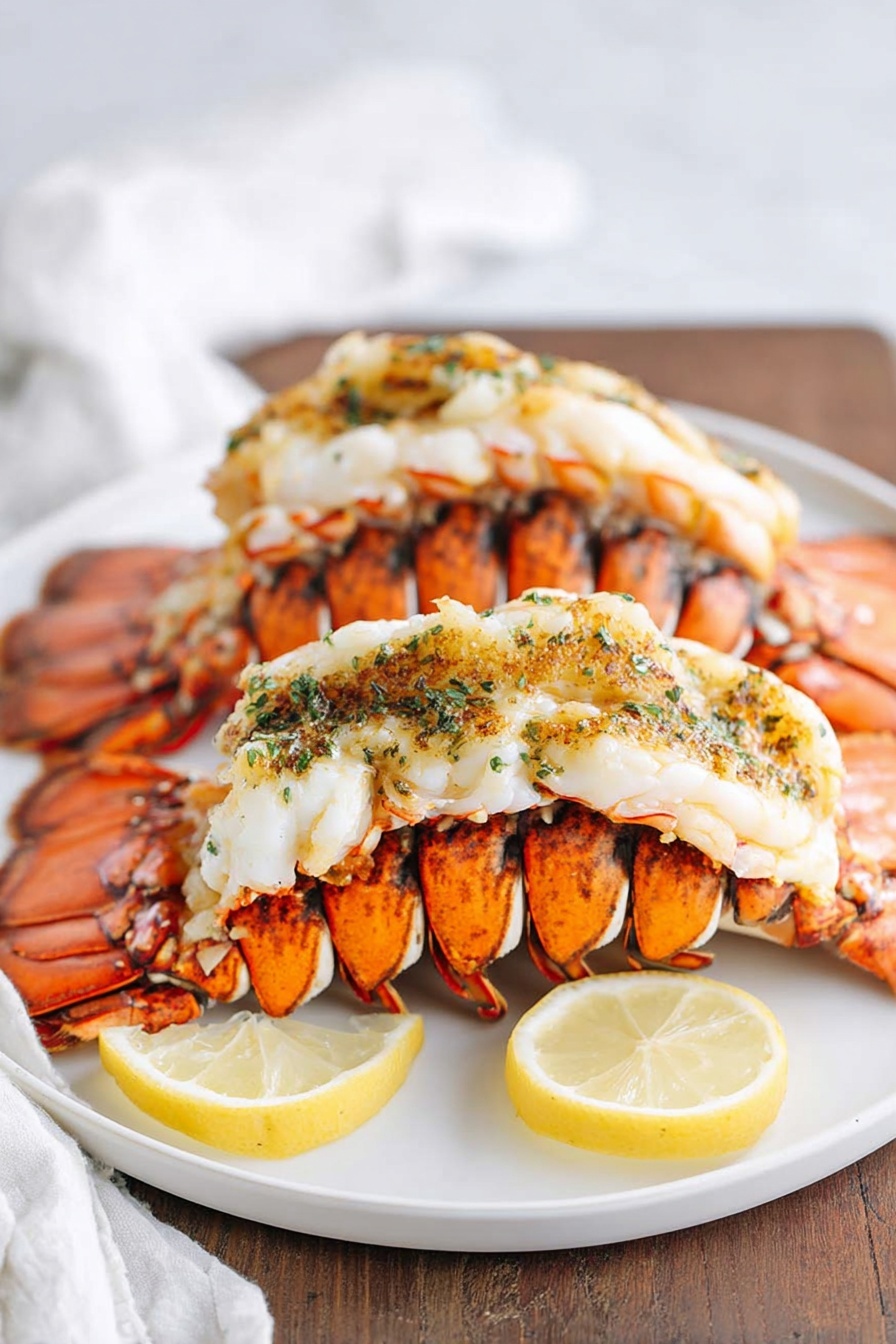 The image shows a close-up view of three cooked lobster tails placed side by side on a metal baking tray. Each lobster tail has a thick white layer of cooked lobster meat on top with a golden and slightly green seasoning, possibly herbs or butter sauce. The shells are an orange-brown color with visible white spots, and the meat looks tender and juicy. The background is a kitchen with white marbled texture on the surface, part of a white apron, and a blurred figure standing in the background. Photo taken with an iphone --ar 2:3 --v 7 - Broiled Lobster Tail with Herby Garlic Butter, lobster tail recipe, easy lobster dinner, seafood main course, gourmet lobster dish