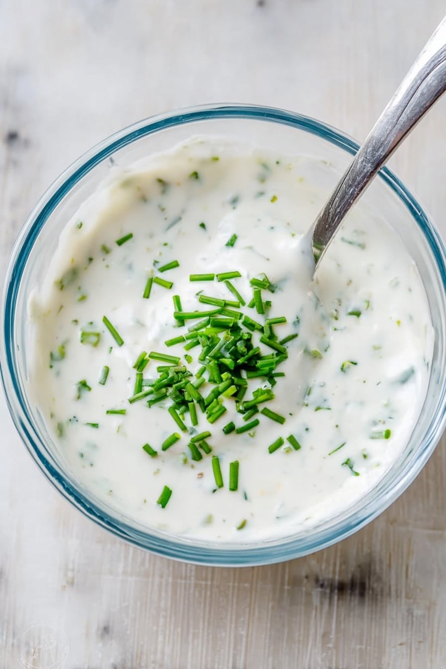 A clear glass bowl holds a creamy white sauce mixed with small green chive pieces, giving the sauce a slightly speckled look. Inside the bowl, a silver spoon is resting on the right side, partly dipped into the sauce. The sauce has a smooth texture with some green chives spread on top. The bowl is placed on a white marbled surface. photo taken with an iphone --ar 2:3 --v 7 - Creamy Horseradish Sauce for Prime Rib, horseradish sauce, prime rib condiment, easy beef sauce, flavorful meat dipping sauce