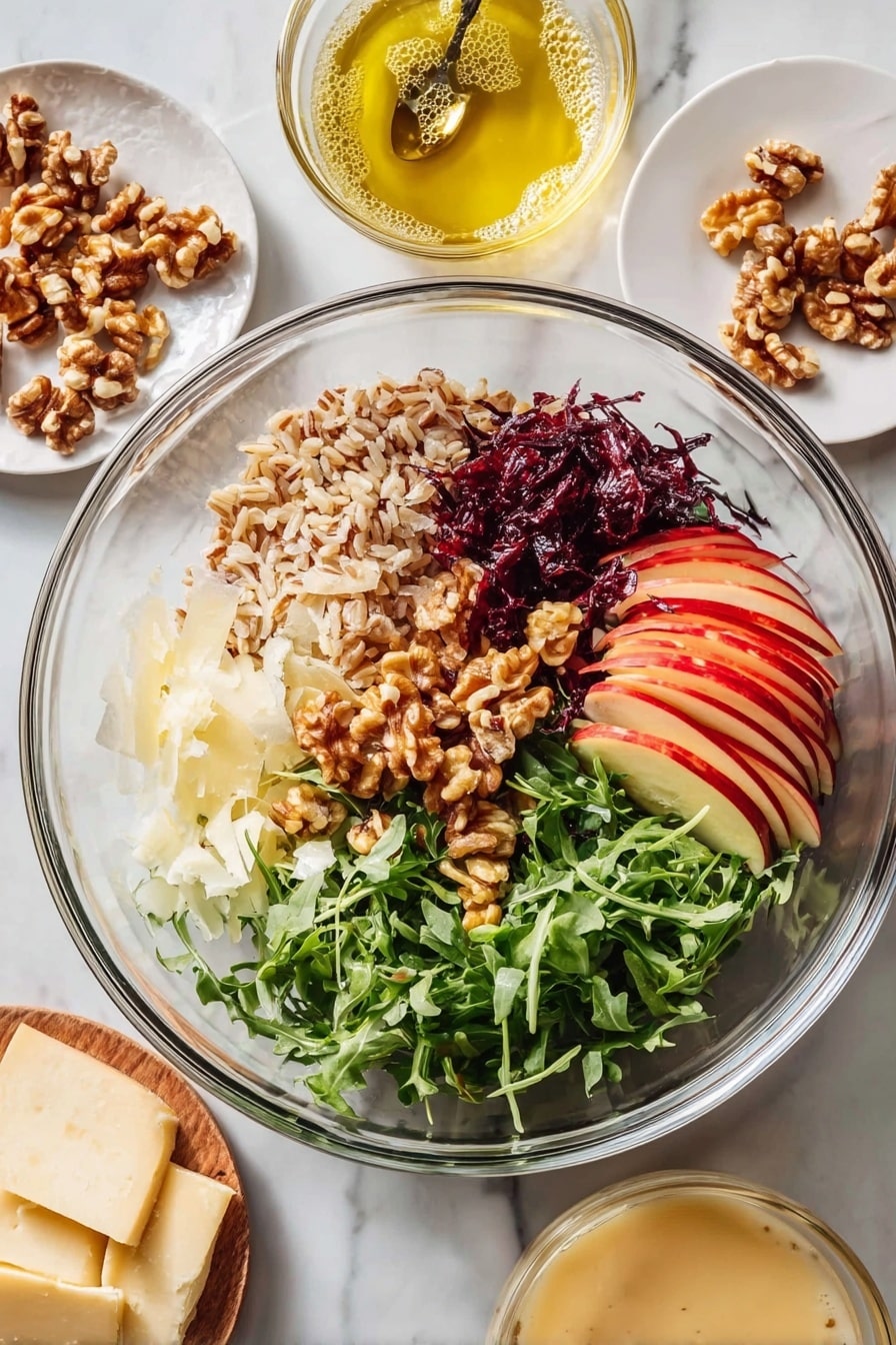 A clear glass bowl with six distinct layers: thin red apple slices with skin on at the bottom right, fresh green arugula leaves on the far right, dark red shredded cabbage below the apple slices, light shaved cheese slices at the bottom left, golden brown walnut pieces piled in the center, chopped dark reddish-brown dates with a slightly shiny texture above the walnuts, and a pile of light brown cooked grains filling the top center. Around the bowl on a white marbled surface are three small round white plates holding more walnut pieces, thin cheese slices, and a creamy beige sauce in a glass bowl with a spoon. Nearby is another glass bowl containing a light yellow oil with bubbles. Photo taken with an iphone --ar 2:3 --v 7 - Nutty Farro Salad with Apples and Arugula, healthy farro salad recipes, fruit and nut salad ideas, easy vegetarian salads, flavorful grain salads
