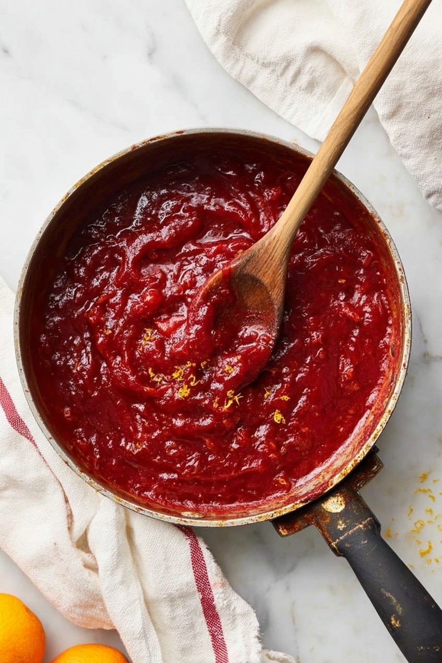 A round pan filled with a thick, deep red sauce that looks chunky and glossy, with bits of orange zest scattered through it. A wooden spoon is lying inside the sauce, partially covered by it. The pan's handle is black and worn, showing signs of use. The pan rests on a white marbled surface with a white cloth that has red stripes underneath it. A macaroni grater with a wooden handle and part of an orange are visible near the pan. Photo taken with an iphone --ar 2:3 --v 7 - Easy Homemade Cranberry Sauce, cranberry sauce recipe, holiday cranberry sauce, fresh cranberry sauce, quick homemade cranberry sauce