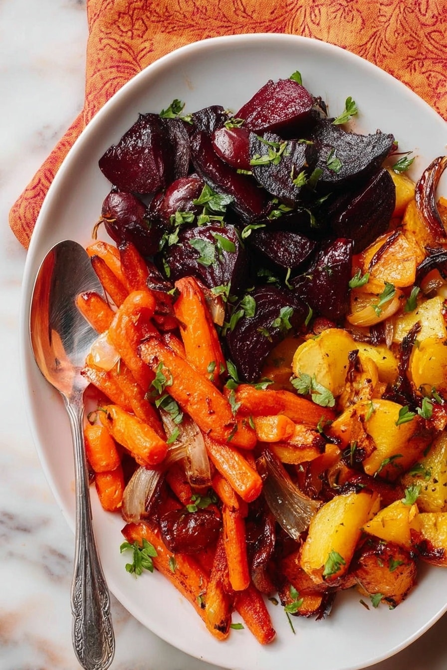 The dish shows a white plate filled with a colorful mix of roasted vegetables. The top left section has dark purple, glossy roasted beets with green herbs sprinkled on them. In the bottom section, there are bright orange roasted carrots, some cut into chunks, surrounded by bits of green herbs and small pieces of roasted onion. The right side has yellow and orange roasted sweet potatoes with some pieces slightly charred, topped with green herbs. A silver spoon rests on the left side of the plate, which lies on a white marbled surface with a small patterned orange cloth peeking at the edge. photo taken with an iphone --ar 2:3 --v 7 - Miso Glazed Roasted Root Vegetables, roasted root vegetables, miso vegetable side dish, healthy roasted root veggies, flavorful veggie side dish