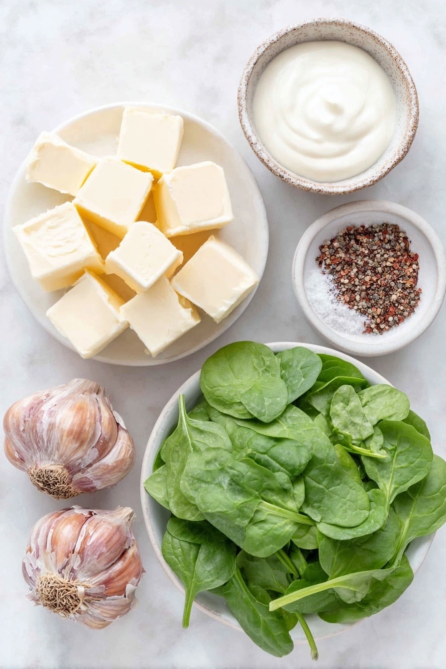 Flat lay of unsalted butter in a small white ceramic bowl, four whole uncracked brown garlic cloves, a pile of fresh vibrant baby spinach leaves, cream cheese cut into small cubes arranged neatly on a white ceramic plate, a small white bowl filled with heavy cream, a white ceramic dish with a rustic mix of dried Italian seasoning, a small white bowl containing coarse sea salt, and another small white bowl with freshly ground black pepper, all placed on a clean white marble surface, soft natural light, photo taken with an iPhone, professional food photography style, fresh ingredients, white ceramic bowls, no bottles, no duplicates, no utensils, no packaging --ar 2:3 --v 7 --p m7354615311229779997 - Easy Creamed Spinach, creamy spinach side dish, quick spinach recipe, garlicky creamed spinach, easy vegetable sides