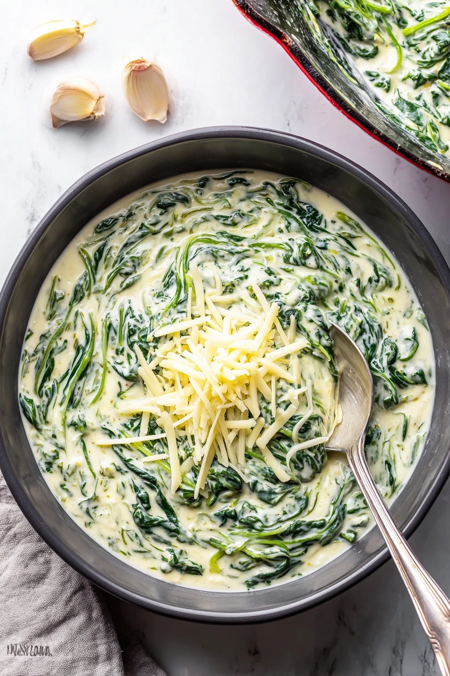 A dark gray bowl filled with creamy white spinach mixed in a smooth sauce, evenly spread to the edges, topped with a small pile of thin, light yellow shredded cheese in the center; a silver spoon rests on the right side inside the bowl. In the top right corner, part of a dark gray pan with a red edge holds more of the creamy spinach mixture. Three garlic cloves lie on the white marbled surface near the bowl, and a folded light gray cloth is at the bottom left corner. The lighting is bright and natural, highlighting the creamy texture and green spinach leaves. Photo taken with an iphone --ar 2:3 --v 7 - Easy Creamed Spinach, creamy spinach side dish, quick spinach recipe, garlicky creamed spinach, easy vegetable sides