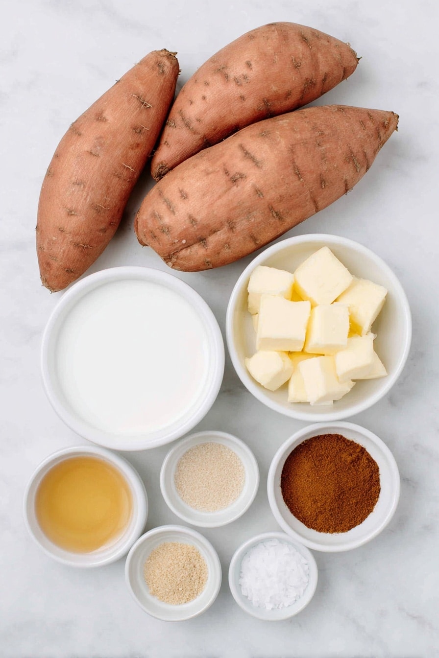 Flat lay of three whole fresh sweet potatoes with smooth orange skin, a small white ceramic bowl filled with creamy full-fat coconut milk, a petite white bowl holding golden maple syrup, a tiny white bowl of clear vanilla extract, a small white bowl with warm brown cinnamon powder, a small white bowl with bright yellow butter cubes, a tiny white bowl of pale beige ground ginger, a miniature white bowl containing fine allspice powder, and a tiny white bowl with white salt crystals, all arranged in perfect symmetry on a clean white marble surface, soft natural light, photo taken with an iPhone, professional food photography style, fresh ingredients, white ceramic bowls, no bottles, no duplicates, no utensils, no packaging --ar 2:3 --v 7 --p m7354615311229779997 - Brown Butter Mashed Sweet Potatoes, mashed sweet potato recipes, caramelized sweet potatoes, cozy side dishes, holiday vegetable sides