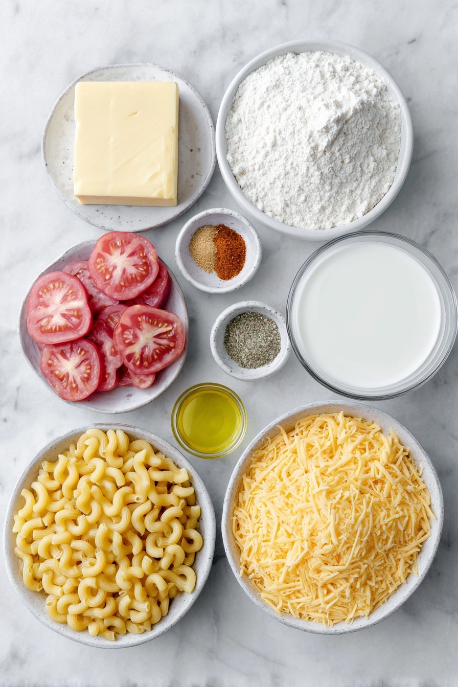Flat lay of dried elbow macaroni, a half cup of unsalted butter stick, a small white ceramic bowl with all purpose flour, a small white ceramic bowl of whole milk, a small white ceramic bowl of double heavy cream, a pile of shredded mixed cheddar and gruyere cheese, a small white ceramic bowl with salt crystals, a small white ceramic bowl with mustard powder, a small white ceramic bowl with smoked paprika, several large ripe heirloom tomatoes sliced thinly, a small white ceramic bowl of golden olive oil, all arranged symmetrically and balanced, placed on a clean white marble surface, soft natural light, photo taken with an iPhone, professional food photography style, fresh ingredients, white ceramic bowls, no bottles, no duplicates, no utensils, no packaging --ar 2:3 --v 7 --p m7354615311229779997 - Baked Tomato Mac and Cheese, baked tomato mac and cheese, cheesy tomato pasta bake, creamy baked mac and cheese with tomatoes, easy baked mac and cheese with roasted tomatoes