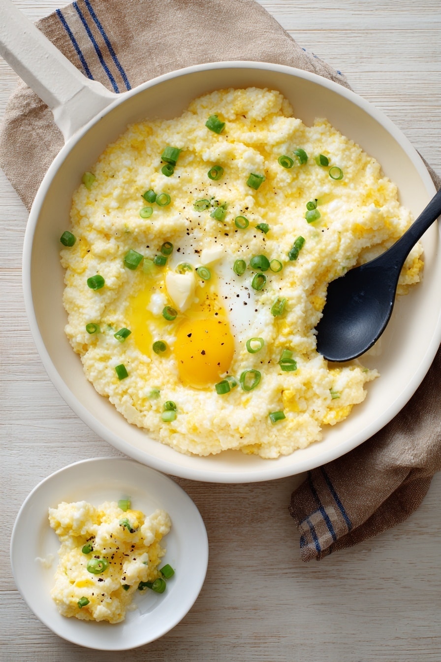 A white pan filled with creamy yellow scrambled eggs mixed with small green onion pieces scattered on top. The eggs have a soft, slightly chunky texture with melted butter pooled in the center, giving a shiny golden spot. A black spoon rests inside the pan, scooping out some eggs. Next to the pan is a small white plate holding a portion of the scrambled eggs. The pan and plate are on a light wood surface with a folded brown cloth striped with blue underneath the pan handle. photo taken with an iphone --ar 2:3 --v 7 - Creamed Corn Grits, creamed corn gritss, Southern creamed corn grits, creamy corn and grits, comforting cornbread side dish