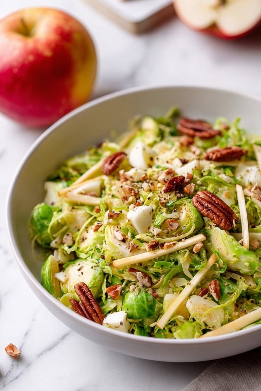 A white bowl filled with a fresh salad featuring multiple layers: the base consists of thinly sliced green Brussels sprouts with a crisp texture, scattered with thin, pale yellow apple sticks. On top, there are toasted brown pecans providing a crunchy element, and small chunks of white cheese sprinkled throughout. The salad looks lightly seasoned with black pepper flakes. In the background, a whole red and yellow apple rests on a white marbled surface, adding color contrast. The scene is bright and clean, with soft natural light illuminating the fresh ingredients. Photo taken with an iphone --ar 2:3 --v 7 - Fall Brussels Sprout Salad with Apple and Blue Cheese, healthy fall salads, easy Brussels sprouts salad recipe, seasonal apple and blue cheese salad, quick autumn side dish
