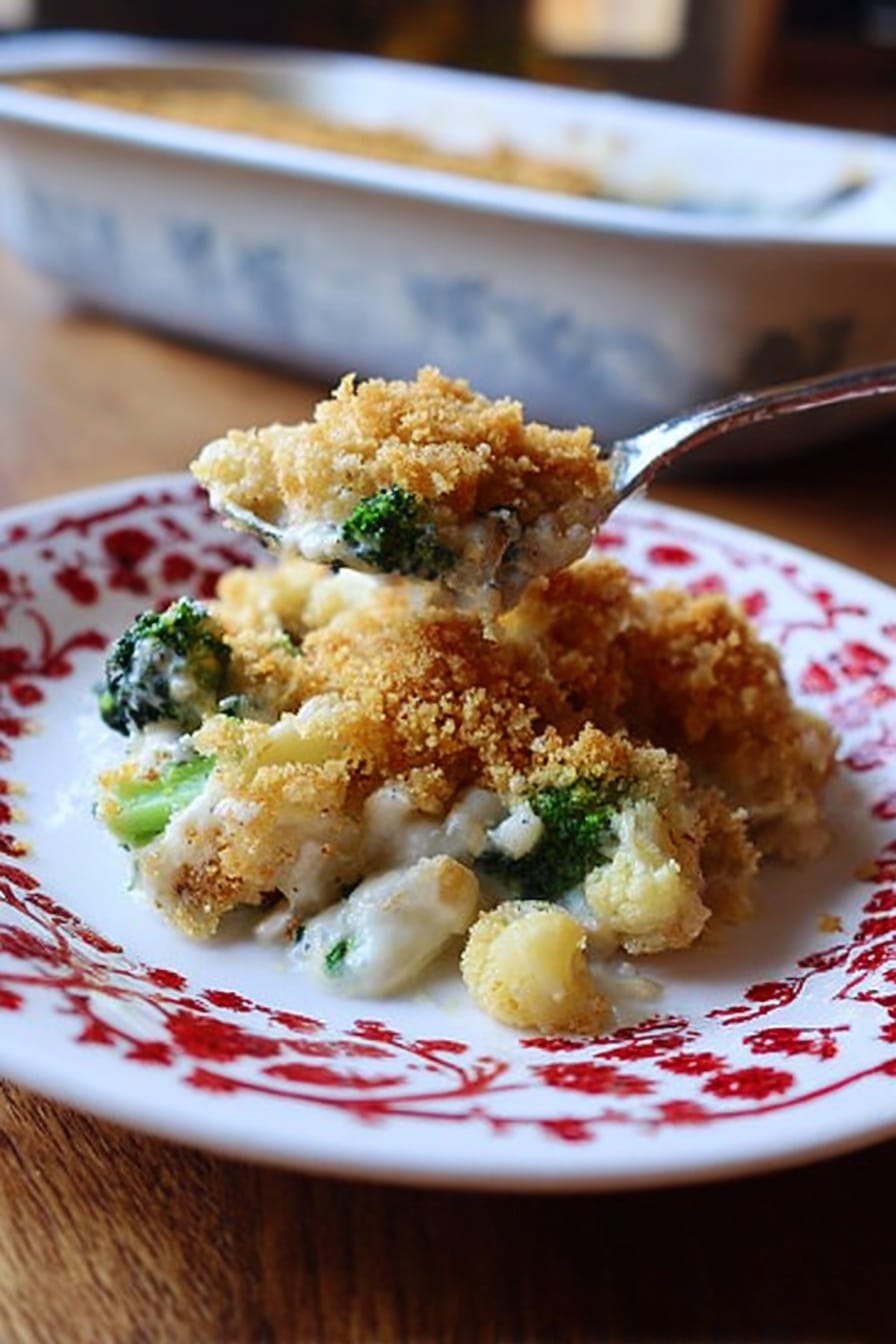 A white plate with a red branch pattern holds a serving of a baked casserole. The bottom layer is golden brown crumb topping that looks crispy. Below this is a creamy white sauce layer, partially covering green broccoli and light yellow cauliflower pieces. The casserole looks hot and freshly scooped, with a spoon above it. The plate is on a wooden table, and there is a white marbled background. Photo taken with an iphone --ar 2:3 --v 7 - Creamy Broccoli Cauliflower Casserole, cheesy vegetable bake, easy veggie casserole, healthy broccoli cauliflower dish, family-friendly veggie sides