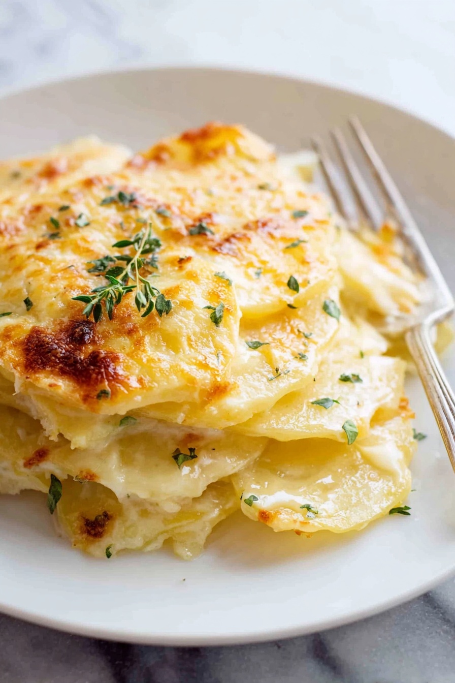 A close-up of a plate holding a serving of creamy potato gratin. The dish has multiple thin layers of soft, pale yellow potatoes, each covered with a smooth, light golden sauce that looks cheesy and slightly browned on top. The top layer is bubbly and lightly browned with small green herb leaves scattered across it, adding a fresh touch. On the edge of the white plate, there is a silver fork resting. The background shows a white marbled surface. photo taken with an iphone --ar 2:3 --v 7 - Creamy Potatoes au Gratin with Cheese, cheesy potato bake, French-inspired potato dish, easy potato gratin, comforting cheesy side dish