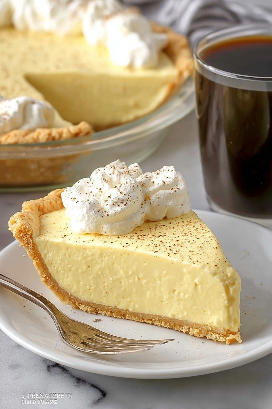 The image shows a slice of creamy yellow pie with a thick smooth filling resting on a white plate. The pie has a golden brown flaky crust around the edge. On top of the filling is a dollop of white whipped cream sprinkled lightly with brown spice. Beside the slice is a silver fork. In the background, the rest of the pie is visible in a clear glass pie dish, showing the same creamy filling and crust. To the right of the pie is a white mug filled with dark coffee. All items are placed on a white marbled surface. photo taken with an iphone --ar 2:3 --v 7 - Eggnog Pie, Eggnog Pie with Whipped Topping, Holiday Eggnog Dessert, Christmas Pie Recipe, Easy Eggnog Dessert