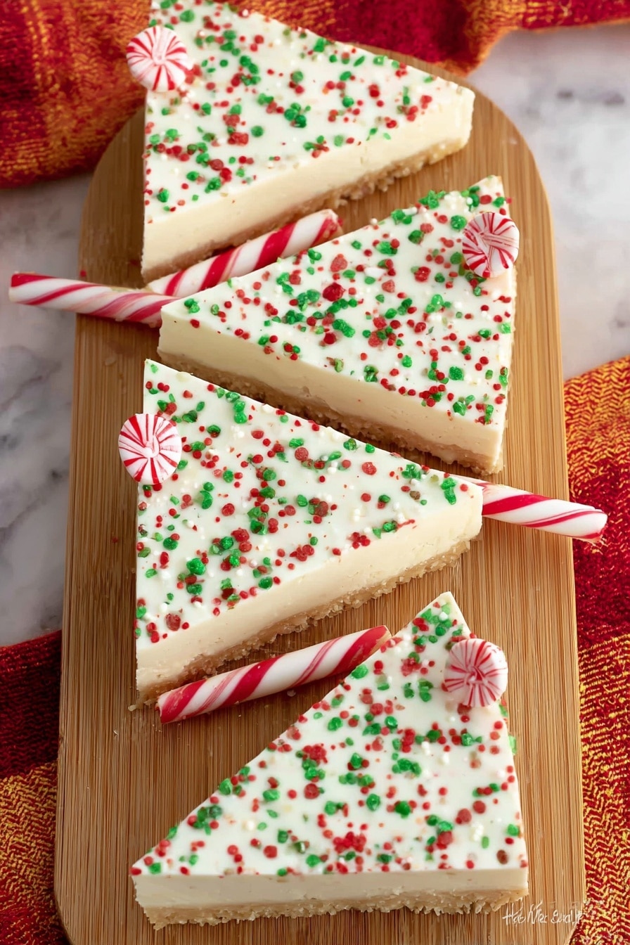 A triangular cookie covered with smooth white icing and decorated with red, green, black, and white round and rod sprinkles is placed in the center of a white plate on a white marbled surface. A round peppermint candy with red and white swirls is positioned at the top point of the triangle, and a red and white striped candy stick is inserted vertically at the bottom tip to resemble a tree trunk. The plate sits on a red, orange, and yellow woven placemat. Photo taken with an iphone --ar 2:3 --v 7 - Festive Christmas Sheet Cake with Cream Cheese Frosting, Christmas cake recipes, holiday sheet cake, easy Christmas cake, creamy frosting dessert