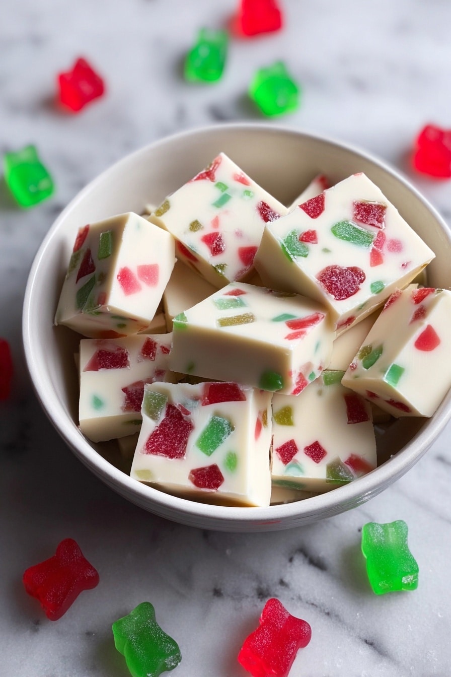 The image shows many small square-shaped fudge pieces scattered across a surface with a white marbled texture. Each fudge piece has a smooth, creamy white base with colorful red and green candy bits mixed inside, giving a speckled look. The candy bits are unevenly spread and embedded throughout each piece, adding bright spots of color to the soft white texture. The fudge squares are closely placed but not stacked, showing their thick, solid form clearly. photo taken with an iphone --ar 2:3 --v 7 - Christmas Gumdrop Nougat, Christmas Gumdrop Nougat Candy, holiday candy, no-bake Christmas treats, festive candy recipes