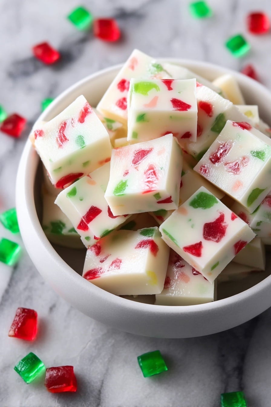 A white bowl is filled with small square blocks of white fudge that have red and green gummy pieces mixed inside them. The fudge squares are piled neatly in the bowl, showing smooth surfaces mixed with the colorful gummy bits. Around the bowl, red and green gummy candies are scattered on a white marbled texture. The contrast of the bright red and green gummies inside the creamy white fudge makes the dish look festive and inviting. photo taken with an iphone --ar 2:3 --v 7 - Christmas Gumdrop Nougat, Christmas Gumdrop Nougat Candy, holiday candy, no-bake Christmas treats, festive candy recipes