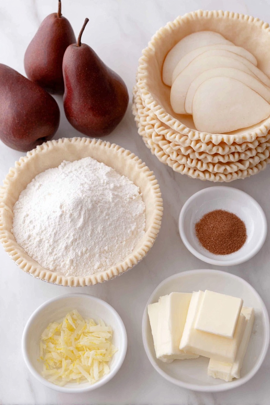 Flat lay of fresh peeled and sliced Bosc pears arranged in a neat pile, a small mound of white granulated sugar, a small bowl of all-purpose flour, a few small piles of ground cinnamon and fine salt, a few strips of bright yellow lemon zest, a small diced pat of golden butter, a small white bowl with fresh lemon juice, and two perfectly whole, uncracked brown pie crusts stacked with visible folded edges, all placed on simple white ceramic bowls and plates arranged symmetrically, placed on a clean white marble surface, soft natural light, photo taken with an iPhone, professional food photography style, fresh ingredients, white ceramic bowls, no bottles, no duplicates, no utensils, no packaging --ar 2:3 --v 7 --p m7354615311229779997 - Easy Pear Pie, Pear Pie, Quick Pear Dessert, Easy Fruit Pie, Simple Pear Tart