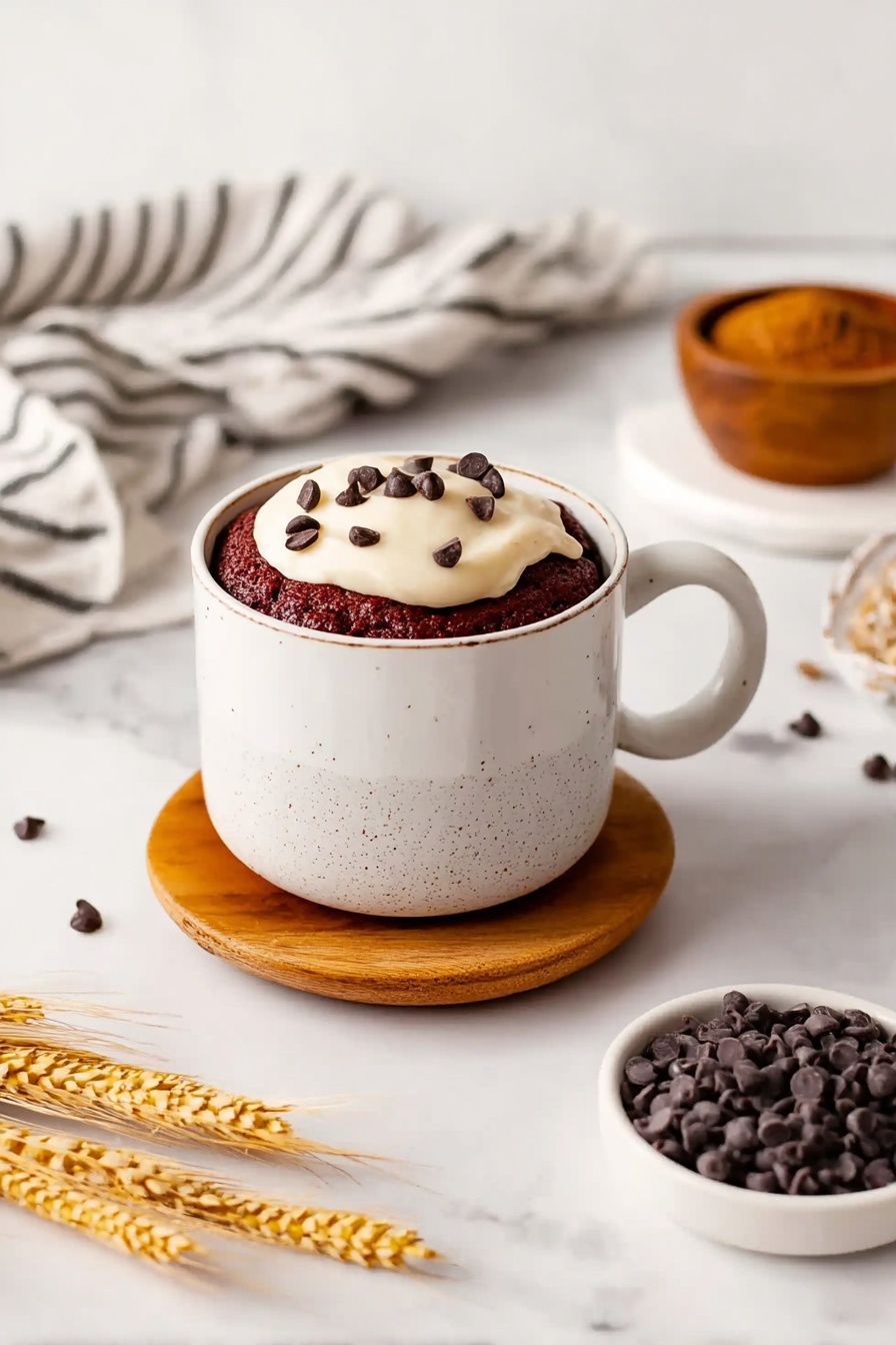 A white ceramic mug with a gray speckled bottom sits on a round wooden coaster placed on a white marbled surface. Inside the mug is a thick reddish-brown cake topped with a layer of creamy white frosting. Small dark chocolate chips are sprinkled on the frosting and around the edge of the mug. To the right of the mug, there is a small white dish filled with dark chocolate chips. In the background, there is a small wooden bowl with brown powder and a white cloth with black stripes. On the left side, there are some dried wheat stalks lying on the white marbled surface. photo taken with an iphone --ar 2:3 --v 7 - Red Velvet Mug Cake, quick mug cake recipe, easy red velvet dessert, single-serving mug cake, indulgent chocolate mug treat