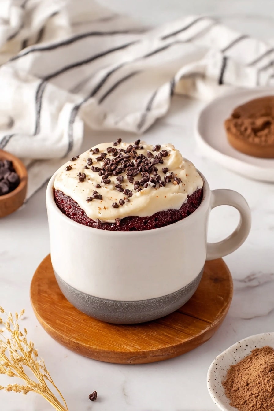 A white cup with a dark gray bottom sits on a round wooden coaster, filled with a dark red, soft textured cake. On top of the cake, there is a thick layer of pale cream with small, dark brown chocolate chips sprinkled over it. In the background, there is a white cloth with black stripes and a small wooden bowl with brown powder. The surface is a white marbled texture, with dry wheat stalks and a white plate holding more dark chocolate chips nearby. Photo taken with an iphone --ar 2:3 --v 7 - Red Velvet Mug Cake, quick mug cake recipe, easy red velvet dessert, single-serving mug cake, indulgent chocolate mug treat