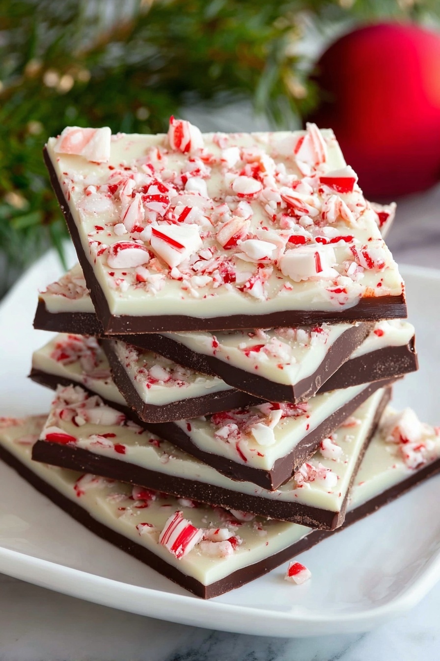 The image shows a stack of five square pieces of peppermint bark on a white plate. Each piece has two main layers: a smooth dark chocolate base that is thick and glossy, and a creamy white chocolate layer on top, which is covered with broken candy cane pieces in white and red stripes. The candy cane pieces vary in size and add a rough, textured look to the top layer. The stack is slightly uneven, making the layers clearly visible. In the background, there is some green pine foliage and a red Christmas ornament, all set on a white marbled surface. photo taken with an iphone --ar 2:3 --v 7 - Easy Peppermint Bark, peppermint bark recipe, holiday chocolate treats, festive peppermint candy, homemade peppermint bark