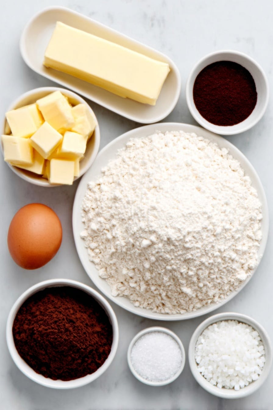 Flat lay of a small mound of all-purpose flour on a simple white ceramic plate, a small white ceramic bowl of granulated sugar, a stick of fresh yellow butter, one whole brown egg with a clean shell, a small white ceramic bowl containing clear almond extract, a small white ceramic bowl of fine baking powder, a small white ceramic bowl of fine salt, and a petite white ceramic bowl filled with colorful sparkling sugar crystals, all arranged with perfect symmetry and balanced proportions, placed on a clean white marble surface, soft natural light, photo taken with an iPhone, professional food photography style, fresh ingredients, white ceramic bowls, no bottles, no duplicates, no utensils, no packaging --ar 2:3 --v 7 --p m7354615311229779997 - Butter Spritz Cookies, buttery spritz cookies, classic spritz cookies, easy spritz cookie recipe, almond spritz cookies