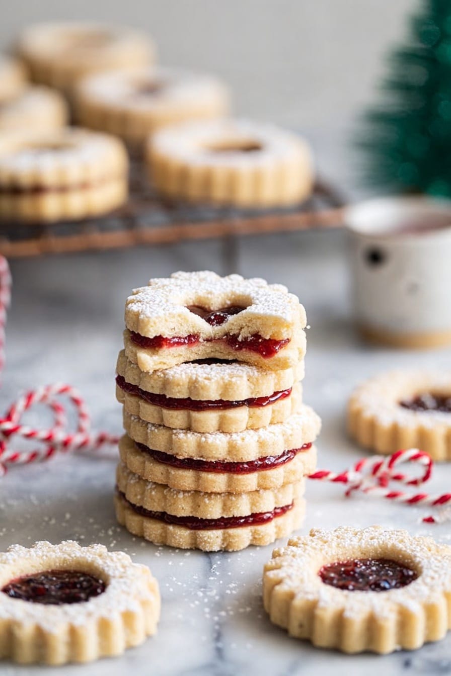 A stack of four round, light golden cookies with scalloped edges sits on a white marbled surface, each cookie having a layer of red jam in the middle, visible in the cookie on top that has a bite taken out of it. The top cookie has a small heart-shaped window revealing the jam inside, with powdered sugar dusted over all. Around the stack are several more identical cookies scattered flat, some showing the red jam through the heart cutout in the middle. In the background, more cookies rest on a brown cooling rack on the white marbled surface, and a small white cup with a black inside detail is slightly out of focus. A red and white twisted string is looped loosely on the surface near the cookies. A small blurred green Christmas tree decoration is visible in the background. The overall setting has bright, soft lighting. photo taken with an iphone --ar 2:3 --v 7 - Easy Raspberry Jam Linzer Cookies, raspberry jam Linzer cookies, homemade Linzer cookies, festive cookies with raspberry jam, simple cookies for gifting