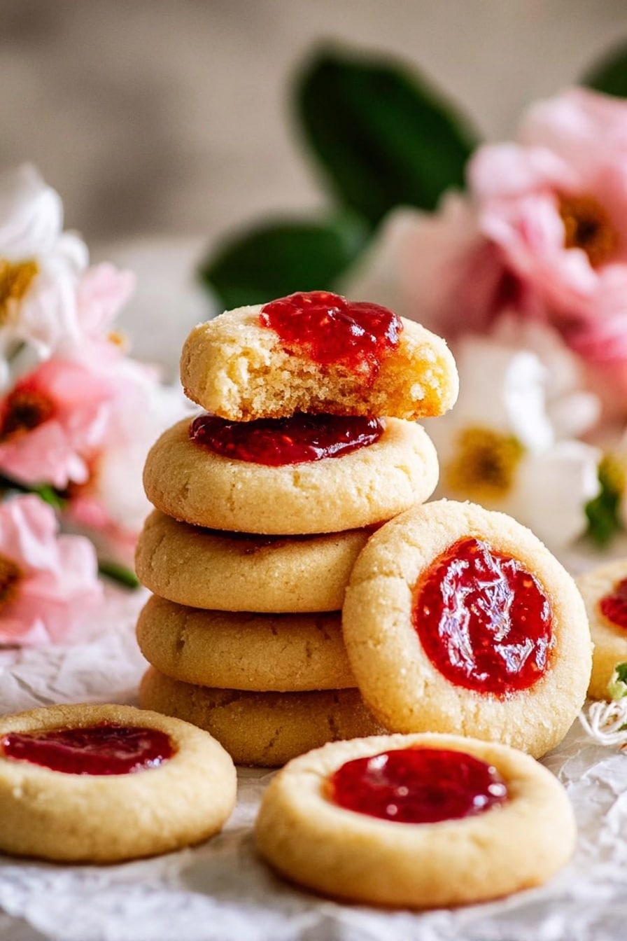The image shows round thumbprint cookies placed on a white marbled surface. Each cookie has one layer of pale yellow dough with a smooth texture, and a hollow center filled with bright red jam that looks glossy and slightly thick. A silver spoon held by a woman's hand is gently dropping the jam into the center of one cookie, adding a shiny finish to the filling. The cookies are arranged irregularly but spaced apart on the surface. photo taken with an iphone --ar 2:3 --v 7 - Jam Drop Cookies with Strawberry Filling, Strawberry Jam Cookies, Thumbprint Cookies Recipe, Easy Fruit Filled Cookies, Classic Butter Cookies