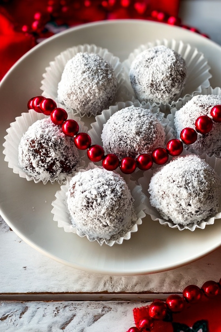 Seven round chocolate balls covered in a layer of white powdered sugar are placed inside white paper cupcake holders on a white plate. The chocolates have a rough texture visible beneath the sugar coating. A short string of small, shiny red beads crosses over the chocolates, adding a bright contrast. The plate is set on a white marbled surface that looks smooth and clean. Photo taken with an iphone --ar 2:3 --v 7 - Festive Rum Balls, Rum Ball Recipe, Holiday Party Treats, No-Bake Rum Balls, Easy Christmas Desserts