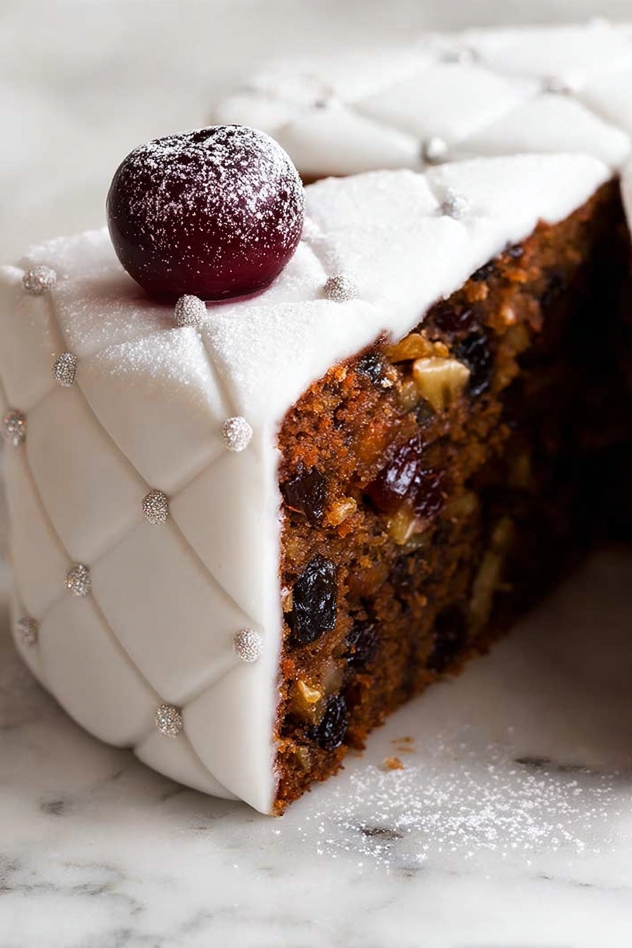 The image shows a slice of dark brown fruitcake filled with bits of nuts and dried fruits inside. The cake is covered with a smooth white icing that has a quilted pattern with small pearl-like dots at the intersections. On top of the cake slice, there is a single dark red cherry dusted lightly with powdered sugar. The background surface is a white marbled texture that provides a clean and elegant look. photo taken with an iphone --ar 2:3 --v 7 - Easy Moist Christmas Fruit Cake, Christmas fruit cake recipe, holiday fruit cake, moist festive cake, simple holiday dessert