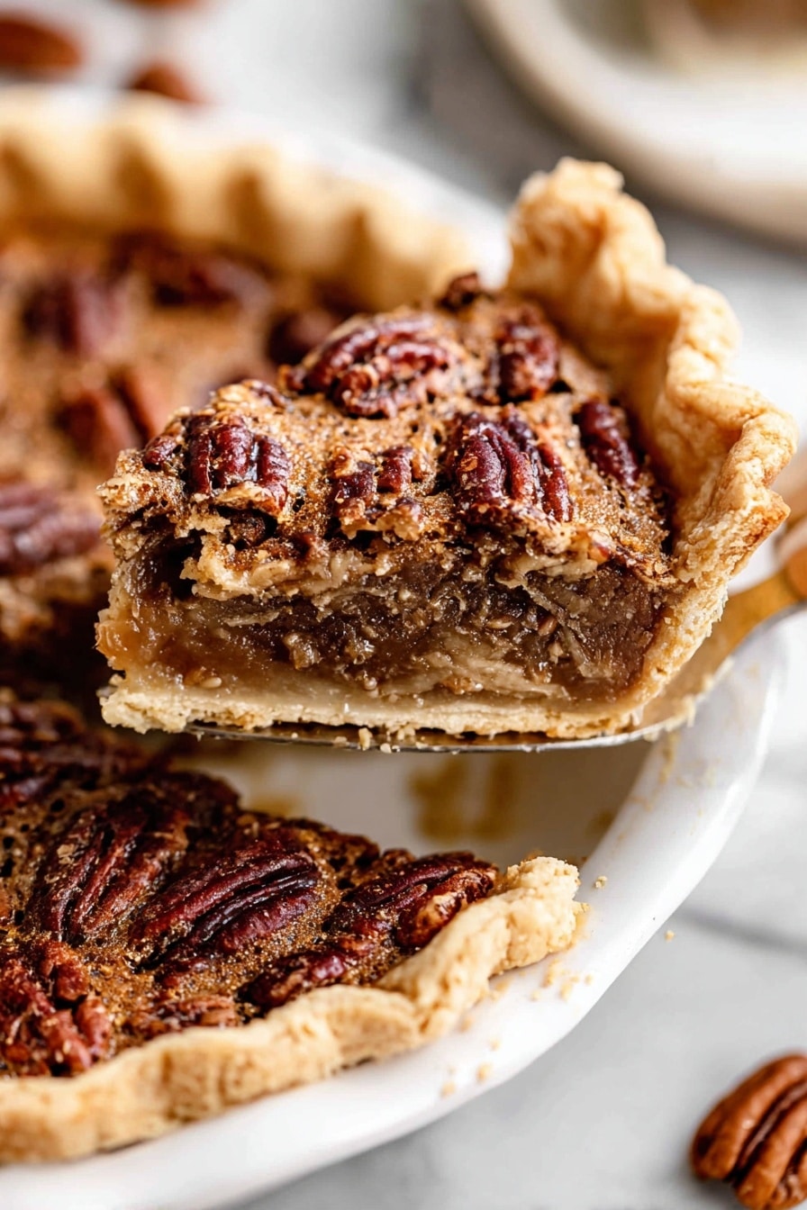A close-up of one slice being lifted from a pecan pie on a white pie plate, showing three layers: a thick, light golden brown flaky crust on the edges and bottom, a gooey medium brown filling in the middle, and a top layer of whole pecans arranged in a dense pattern with a glossy, darker brown color and a slightly rough texture. The white marbled surface is visible beneath the pie plate with a few scattered pecans in the background. photo taken with an iphone --ar 2:3 --v 7 - Easy Homemade Pecan Pie, classic pecan pie, homemade pecan pie filling, buttery pecan pie crust, festive pecan pie dessert