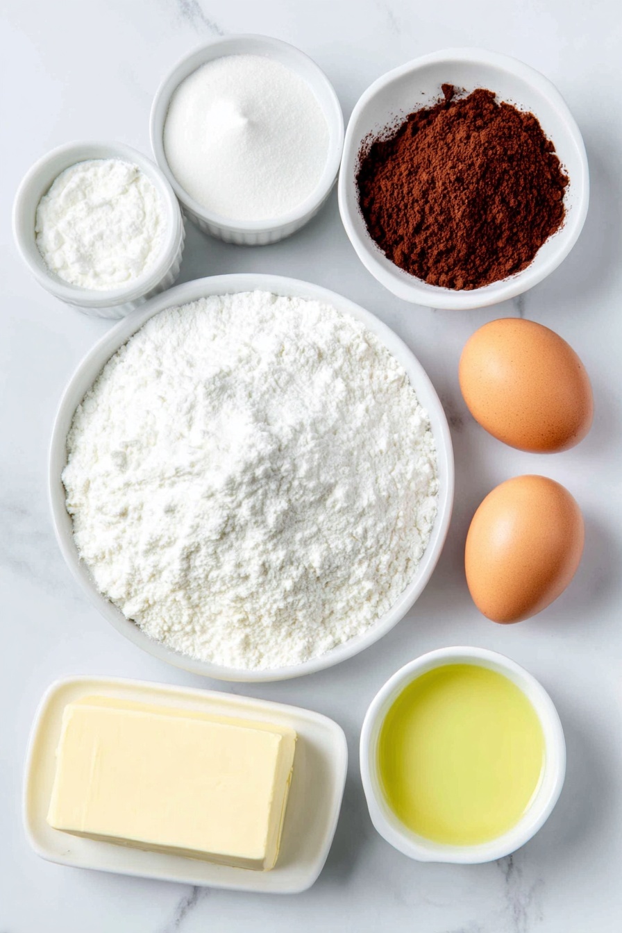 Flat lay of plain cake flour in a small white ceramic bowl, unsweetened cocoa powder in a small white ceramic bowl, a small pile of baking soda powder next to a pinch of salt crystals on the white marble surface, a stick of unsalted butter partially unwrapped showing smooth texture, superfine white sugar in a small white ceramic bowl, two whole brown eggs with clean shells, vegetable oil in a small white ceramic bowl, white vinegar in a small white ceramic bowl, a small white ceramic bowl with vanilla extract, buttermilk in a small white ceramic bowl showing creamy texture, a small white ceramic bowl with red gel food coloring, a block of Philadelphia cream cheese unwrapped to show softened texture, a stick of unsalted butter unwrapped showing smooth consistency, and a small white ceramic bowl of sifted soft powdered sugar placed on a clean white marble surface, soft natural light, photo taken with an iPhone, professional food photography style, fresh ingredients, white ceramic bowls, no bottles, no duplicates, no utensils, no packaging --ar 2:3 --v 7 --p m7354615311229779997 - Classic Red Velvet Cake, Red Velvet Cake Recipe, Best Red Velvet Cake, Easy Red Velvet Cake, Velvety Red Velvet Cake