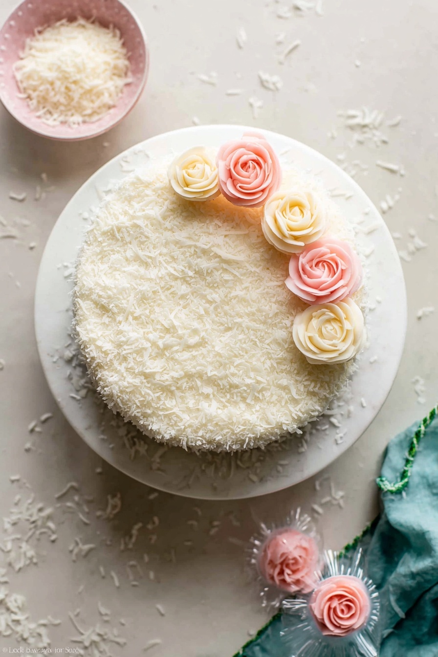The image shows a round cake on a white marbled cake stand. The cake has one main layer covered fully with white shredded coconut giving it a soft, fluffy texture. On the top left side of the cake, there are five delicate rose-shaped decorations, three in light cream color and two in soft pink, arranged in a small bunch. The cake sits on a white marbled surface scattered lightly with shreds of coconut. Near the top left, there's a small pink bowl filled with more shredded coconut, and at the bottom right of the image, two pink rose-shaped decorations lie on the surface wrapped in clear paper. A teal cloth with green stitching is seen in the top right corner. photo taken with an iphone --ar 2:3 --v 7 - Decadent Coconut Layer Cake, coconut layer cake, tropical coconut cake, coconut cake with cream cheese frosting, moist coconut cake