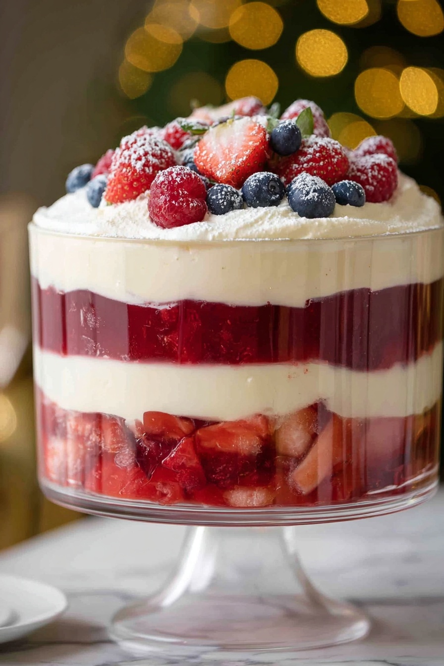 The image shows a tall glass trifle dish with four clear layers. The bottom layer is red fruit pieces, bright and juicy, filling the base. Above this is a thick, smooth layer of creamy white pudding with a soft texture. The third layer is a deep red jelly with visible pieces of strawberries inside. The top layer is a fluffy white cream generously spread, decorated with fresh red raspberries, blueberries, and sliced strawberries dusted lightly with powdered sugar. The dish sits on a white marbled surface with soft, blurred golden-green background lights. photo taken with an iphone --ar 2:3 --v 7 - Festive Cranberry Fruit Trifle, holiday dessert with cranberries, easy cranberry trifle, colorful fruit trifle recipe, Christmas dessert ideas