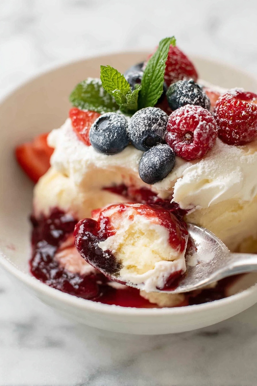 The image shows a white bowl filled with a layered dessert. The bottom layer is creamy and pale yellow, topped with a layer of red berry jam or sauce. Above that is a thick, fluffy white cream layer. On top, there are fresh blueberries, raspberries, and sliced strawberries, with a light dusting of powdered sugar. A few green mint leaves add color contrast on the top. A spoon is scooping some of the dessert, showing the layers inside. The bowl sits on a white marbled surface. Photo taken with an iphone --ar 2:3 --v 7 - Festive Cranberry Fruit Trifle, holiday dessert with cranberries, easy cranberry trifle, colorful fruit trifle recipe, Christmas dessert ideas