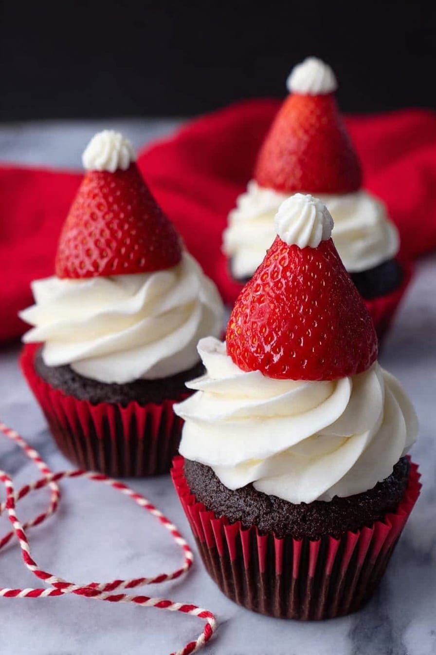 Three cupcakes sit on a white marbled surface with a red cloth in the background. Each cupcake has a dark chocolate base covered by a thick swirl of white cream frosting. On top of the frosting, there is a whole red strawberry with its pointed end up, each topped with a small dollop of white cream. The cupcakes are wrapped in dark red liners, and a piece of red and white string lies casually around them. photo taken with an iphone --ar 2:3 --v 7 - Strawberry Santa Hat Cupcakes, holiday cupcake ideas, Christmas dessert recipes, festive cupcake decorations, easy holiday baking
