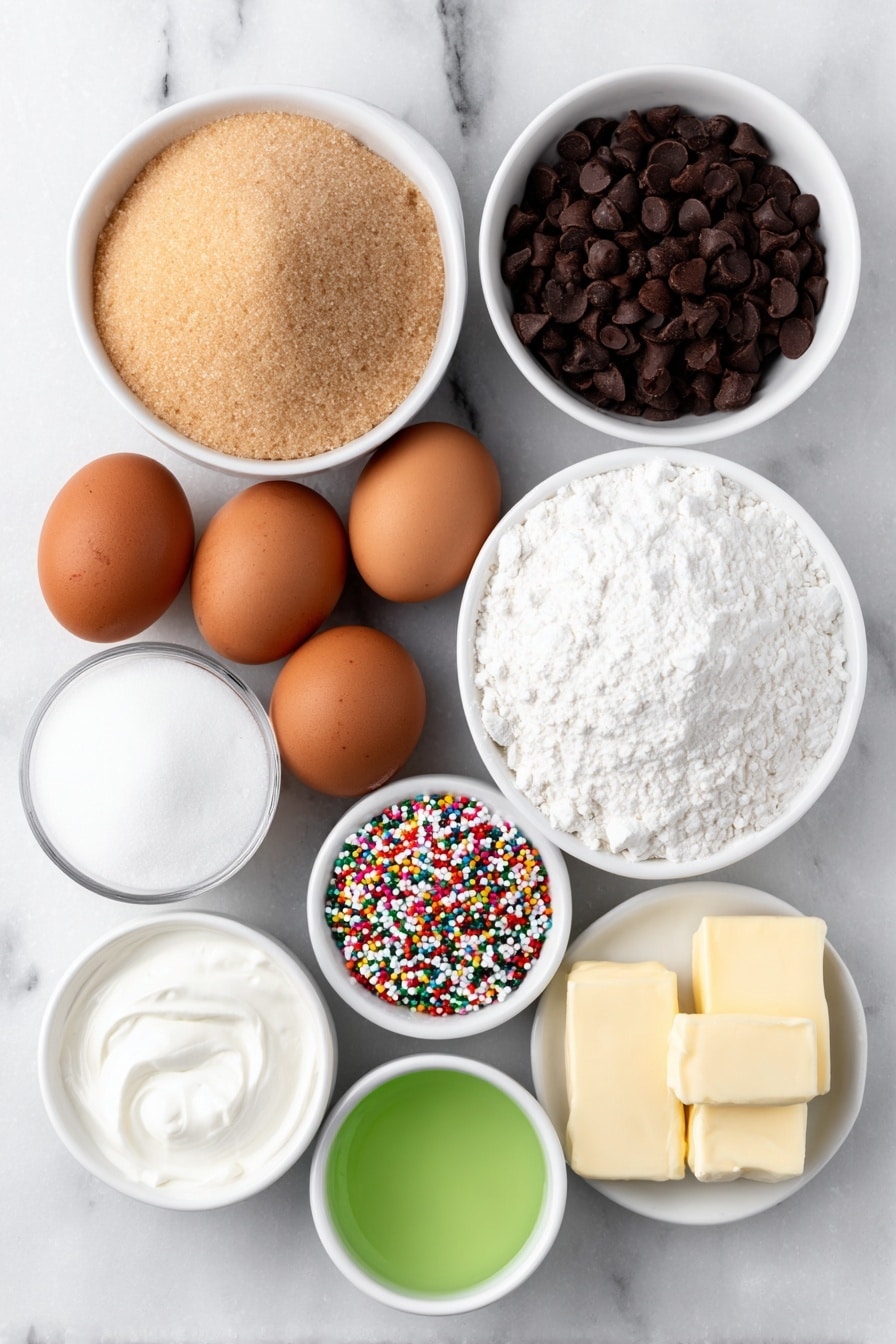 Flat lay of a small mound of light brown soft sugar, a small pile of self-raising flour, a small heap of dark brown cocoa powder, four whole uncracked medium brown eggs, two sticks of unsalted butter, a small white ceramic bowl of clear vanilla extract, a small white ceramic bowl of pure white icing sugar, a small white ceramic bowl of vibrant green liquid food coloring, and a scattering of assorted small chocolate stars and colorful sprinkles arranged neatly, all placed on a clean white marble surface, soft natural light, photo taken with an iPhone, professional food photography style, fresh ingredients, white ceramic bowls, no bottles, no duplicates, no utensils, no packaging --ar 2:3 --v 7 --p m7354615311229779997 - Christmas Tree Cupcakes with Chocolate and Vanilla Frosting, festive holiday cupcakes, Christmas dessert ideas, holiday baking recipes, cute Christmas cupcakes