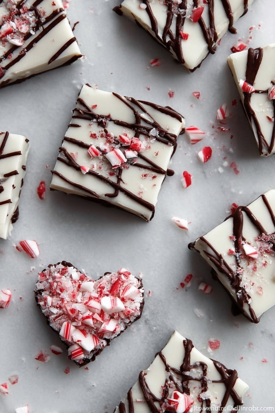 The image shows eight square-shaped white peppermint bark pieces placed on a white marbled surface. Each piece has a smooth white top layer with thin dark brown chocolate drizzle lines across them. On top of the white layer, there are small, crushed red and white candy cane bits scattered evenly. Among the squares, there is a heart-shaped piece made with crushed candy cane forming the shape on the white marbled surface. The overall look is festive, clean, and textured with a mix of smooth chocolate drizzle and crunchy candy cane bits. Photo taken with an iphone --ar 2:3 --v 7 - Peppermint Brownies with Cream Cheese Frosting, chocolate peppermint brownies, holiday brownie recipes, easy peppermint dessert, fudgy peppermint brownies