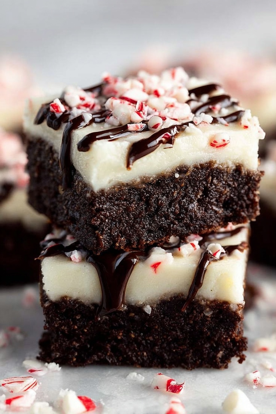 The dish shows two brownie squares stacked on top of each other. Each brownie has two layers: a dark brown, moist chocolate base with a rich texture, topped with a thick white creamy layer that looks smooth. On the top layer, there are small pieces of crushed red and white peppermint candy scattered, and a drizzle of dark brown chocolate sauce adds contrast. The brownies are placed on a white marbled surface with more crushed peppermint pieces around them. Photo taken with an iphone --ar 2:3 --v 7 - Peppermint Brownies with Cream Cheese Frosting, chocolate peppermint brownies, holiday brownie recipes, easy peppermint dessert, fudgy peppermint brownies