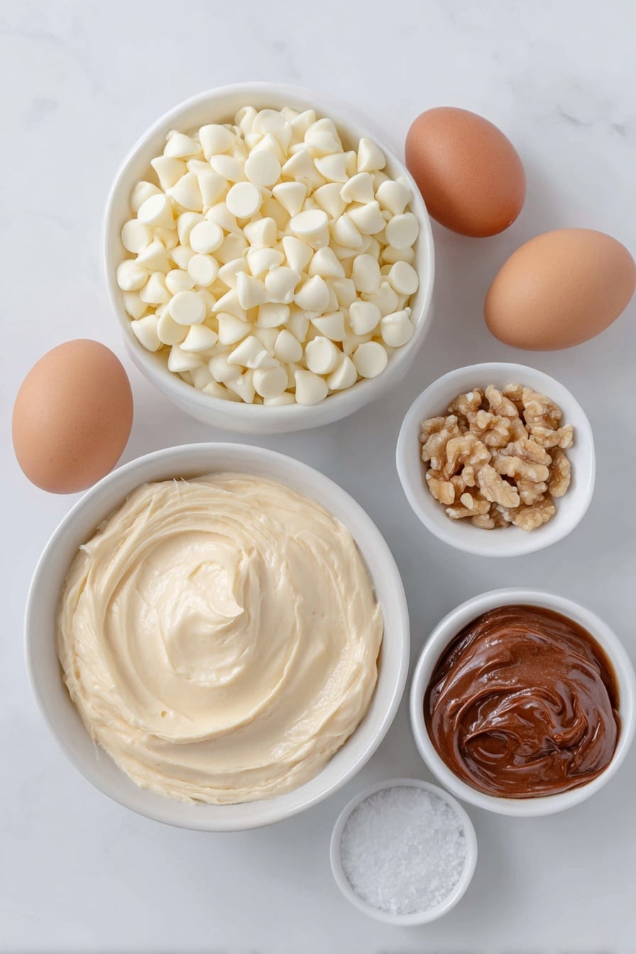 Flat lay of a simple white ceramic bowl filled with glossy white chocolate chips, a small white bowl containing thick sweetened condensed milk, a few whole uncracked brown eggs, a few coarsely chopped walnuts arranged beside a small white bowl with clear maple extract, and a tiny pinch of coarse salt crystals in another small white bowl, all placed with perfect symmetry on a clean white marble surface, soft natural light, photo taken with an iPhone, professional food photography style, fresh ingredients, white ceramic bowls, no bottles, no duplicates, no utensils, no packaging --ar 2:3 --v 7 --p m7354615311229779997 - Maple Walnut Fudge, maple walnut fudge recipe, easy fudge with walnuts, creamy maple fudge, homemade walnut chocolate fudge