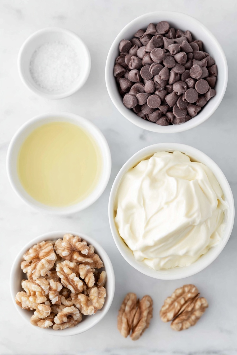 Flat lay of a small mound of glossy semi-sweet chocolate chips, a small white ceramic bowl filled with thick creamy sweetened condensed milk, a small white ceramic bowl with clear golden vanilla extract liquid, a small white ceramic bowl containing fine white sea salt, a small white ceramic bowl heaped with roughly chopped fresh walnuts, and a few whole walnuts scattered nearby, all arranged in perfect symmetry on a clean white marble surface, soft natural light, photo taken with an iPhone, professional food photography style, fresh ingredients, white ceramic bowls, no bottles, no duplicates, no utensils, no packaging --ar 2:3 --v 7 --p m7354615311229779997 - Chocolate Walnut Fudge Bars, easy fudge recipes, homemade chocolate fudge, walnut dessert bars, quick holiday treats